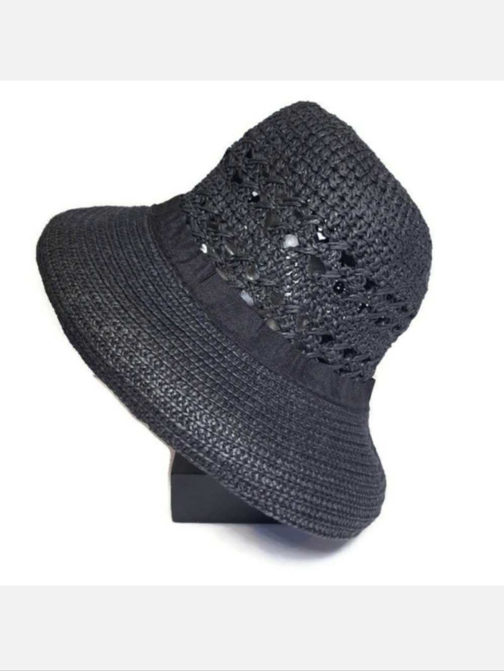Vintage 90s Woven Straw Bowler Hat Ribbon Detail Bucket Summer Black